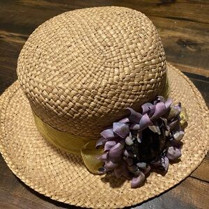 Woven Straw Hat with Golden Band and Purple Flower Accent. Size Small